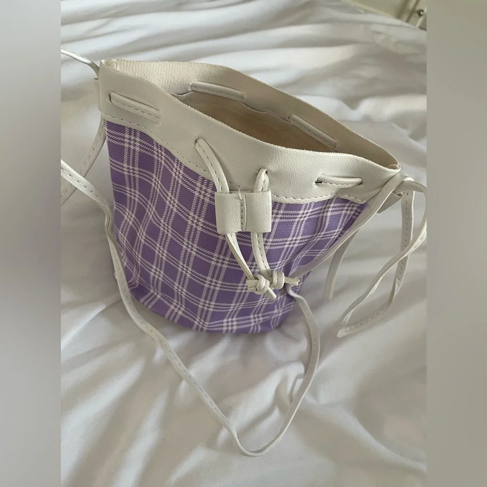 Purple and White Mini Bag with Drawstring Closure